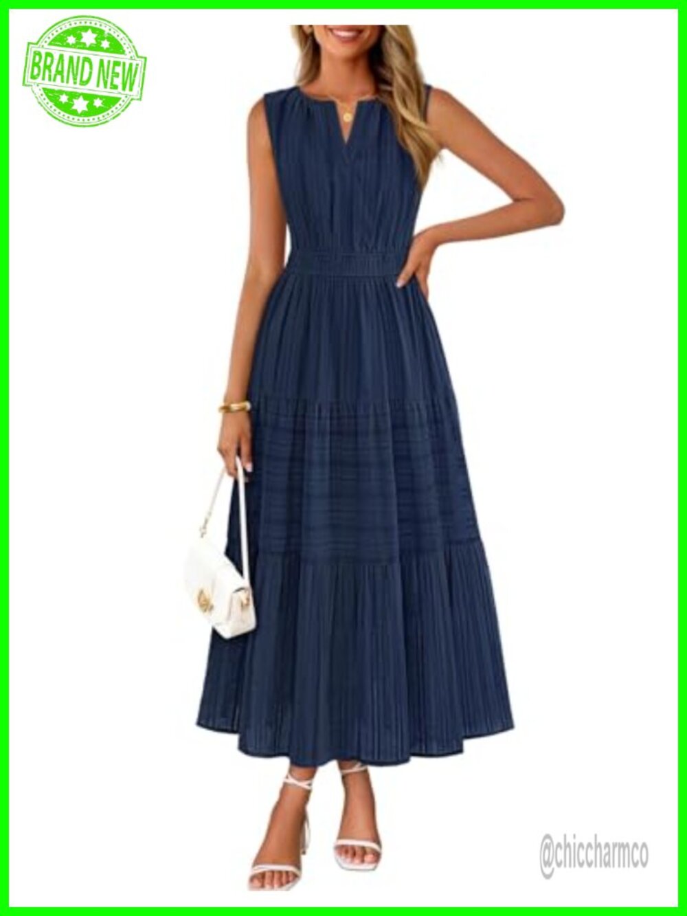 MEROKEETY Cotton Jacquard Sleeveless V Neck Midi Dress, Flowy A-Line Tiered